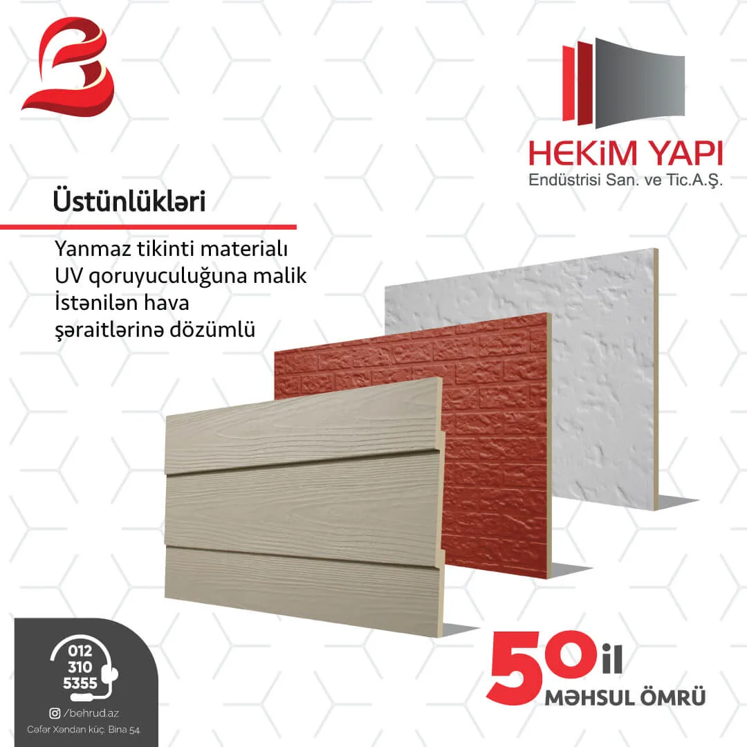 Hekim Yapı Betopan – yanğına və suya davamlı, avtoklav texnologiyası ilə istehsal olunan fibersement fasad və interyer lövhəsi. Behrud İnşaatda mövcuddur.